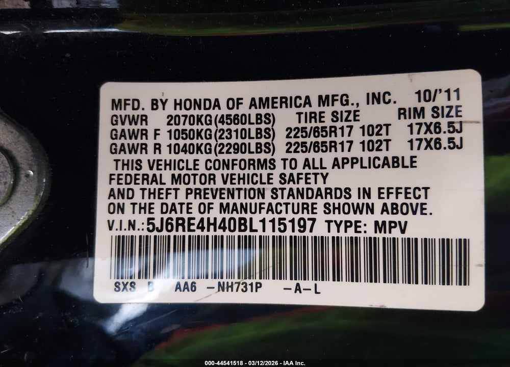 2011 HONDA CR-V SE VIN: 5J6RE4H40BL115197