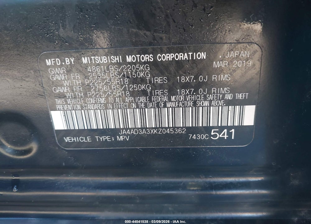 2019 MITSUBISHI OUTLANDER SE VIN: JA4AD3A3XKZ045362