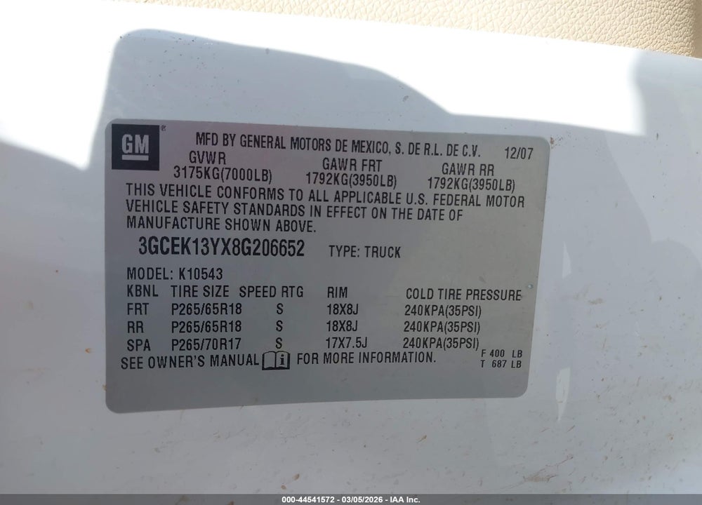 2008 CHEVROLET SILVERADO 1500 LTZ VIN: 3GCEK13YX8G206652