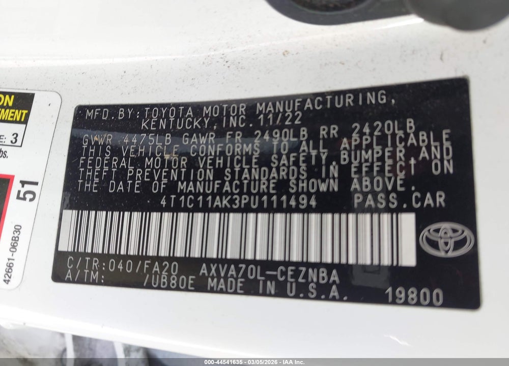 2023 TOYOTA CAMRY LE VIN: 4T1C11AK3PU111494