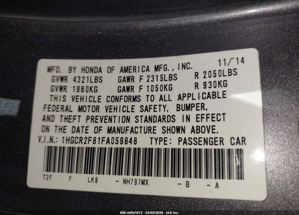 2015 HONDA ACCORD EX-L VIN: 1HGCR2F81FA059848