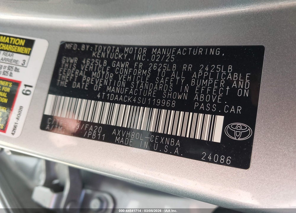 2025 TOYOTA CAMRY LE VIN: 4T1DAACK4SU119968
