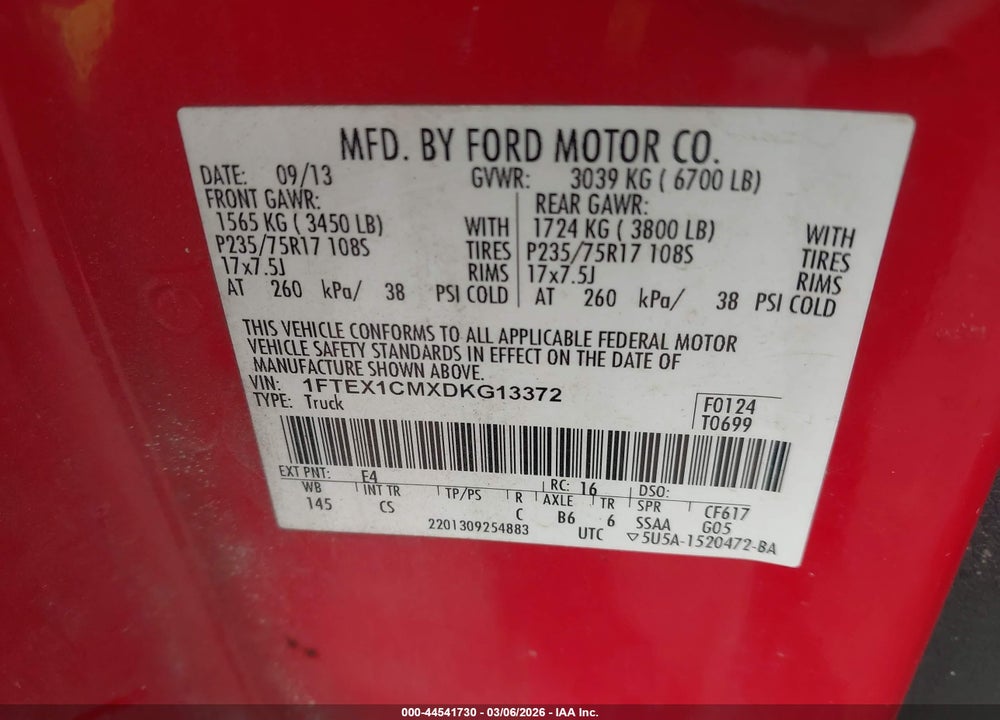 2013 FORD F-150 XL VIN: 1FTEX1CMXDKG13372