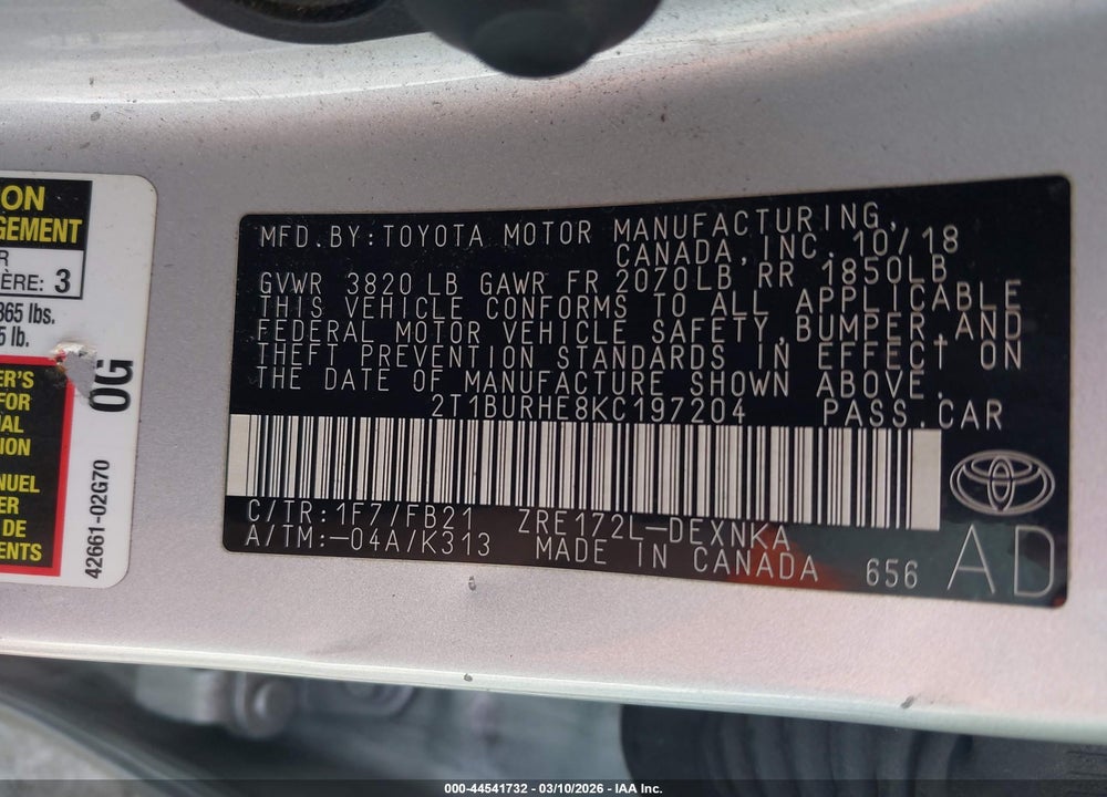 2019 TOYOTA COROLLA LE VIN: 2T1BURHE8KC197204