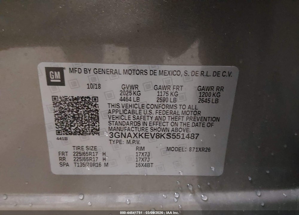 2019 CHEVROLET EQUINOX LT VIN: 3GNAXKEV8KS551487