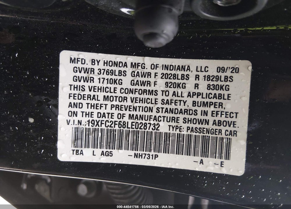 2020 HONDA CIVIC LX VIN: 19XFC2F68LE028732