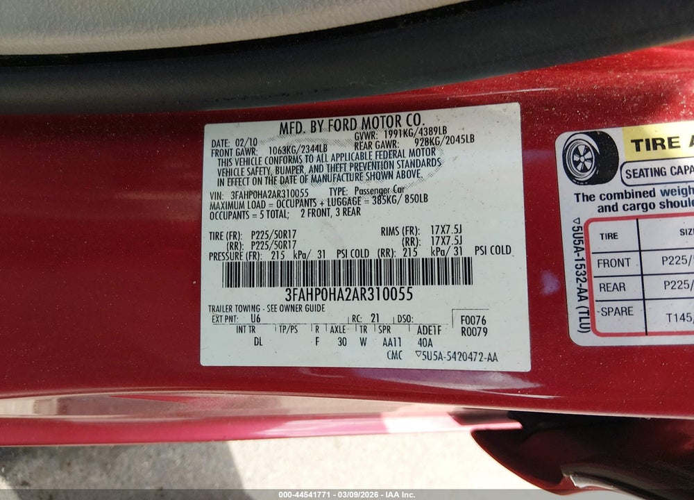 2010 FORD FUSION SE VIN: 3FAHP0HA2AR310055