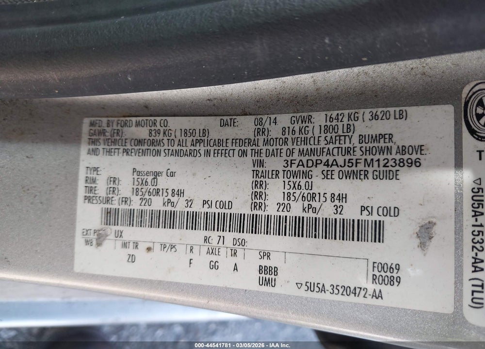 2015 FORD FIESTA S VIN: 3FADP4AJ5FM123896