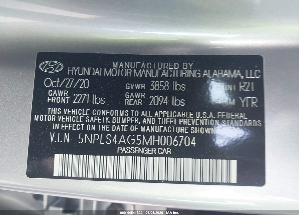 2021 HYUNDAI ELANTRA SEL VIN: 5NPLS4AG5MH006704