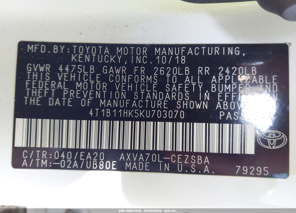 2019 TOYOTA CAMRY SE VIN: 4T1B11HK5KU703070