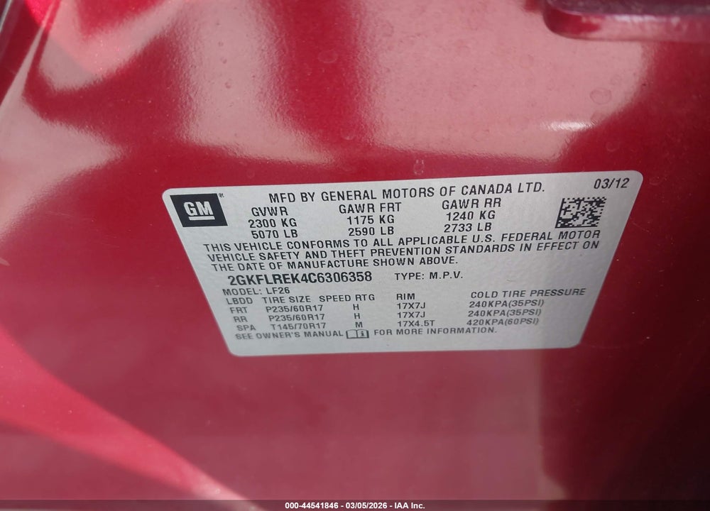 2012 GMC TERRAIN SLE-1 VIN: 2GKFLREK4C6306358
