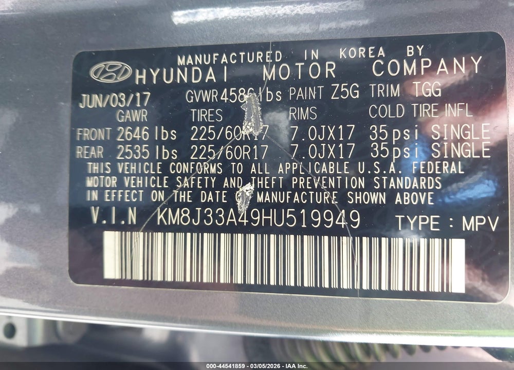 2017 HYUNDAI TUCSON SE VIN: KM8J33A49HU519949