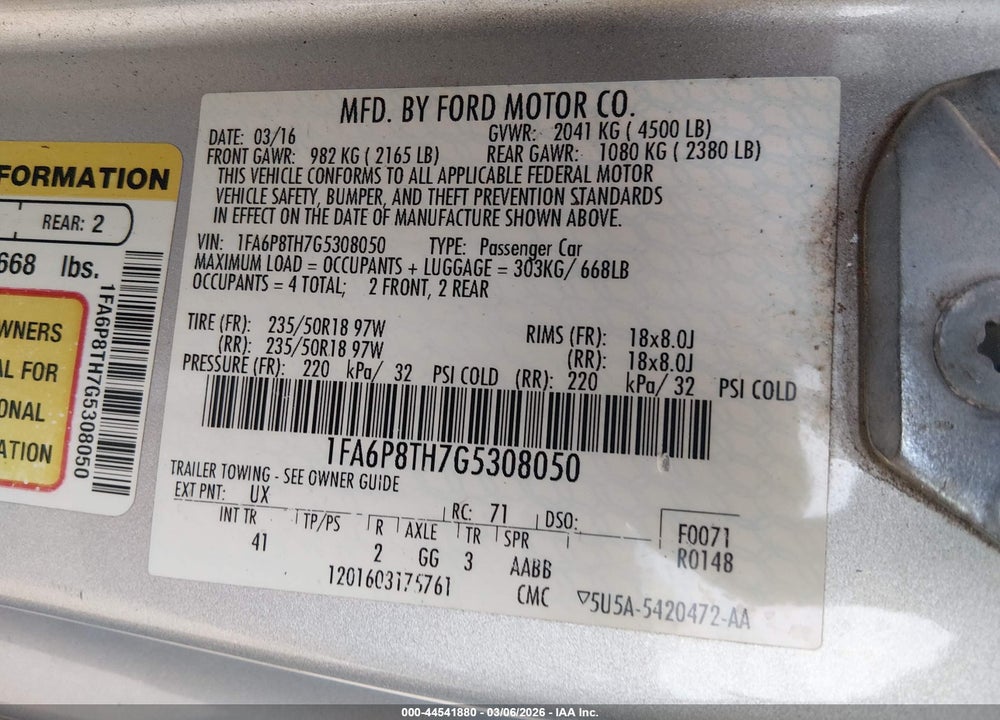 2016 FORD MUSTANG ECOBOOST VIN: 1FA6P8TH7G5308050