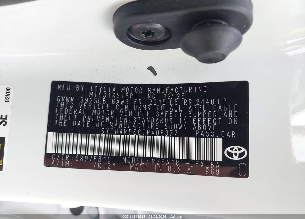 2026 TOYOTA COROLLA LE VIN: 5YFB4MDE6TP408877