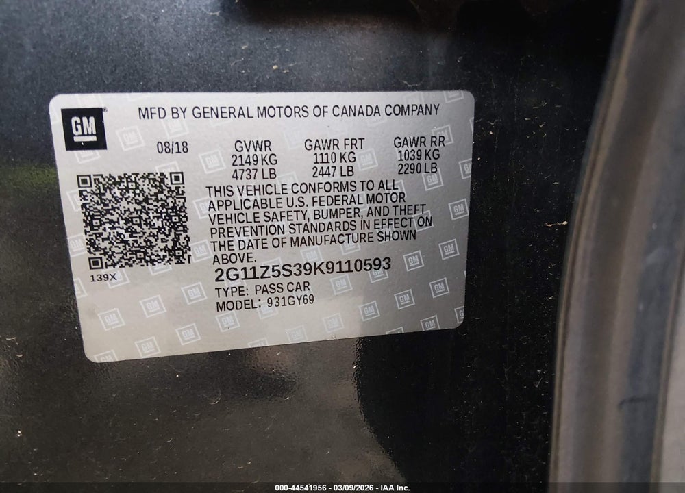 2019 CHEVROLET IMPALA LT VIN: 2G11Z5S39K9110593