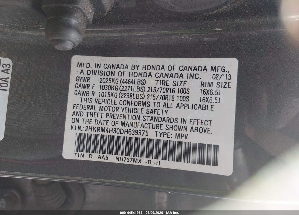 2013 HONDA CR-V LX VIN: 2HKRM4H30DH639375