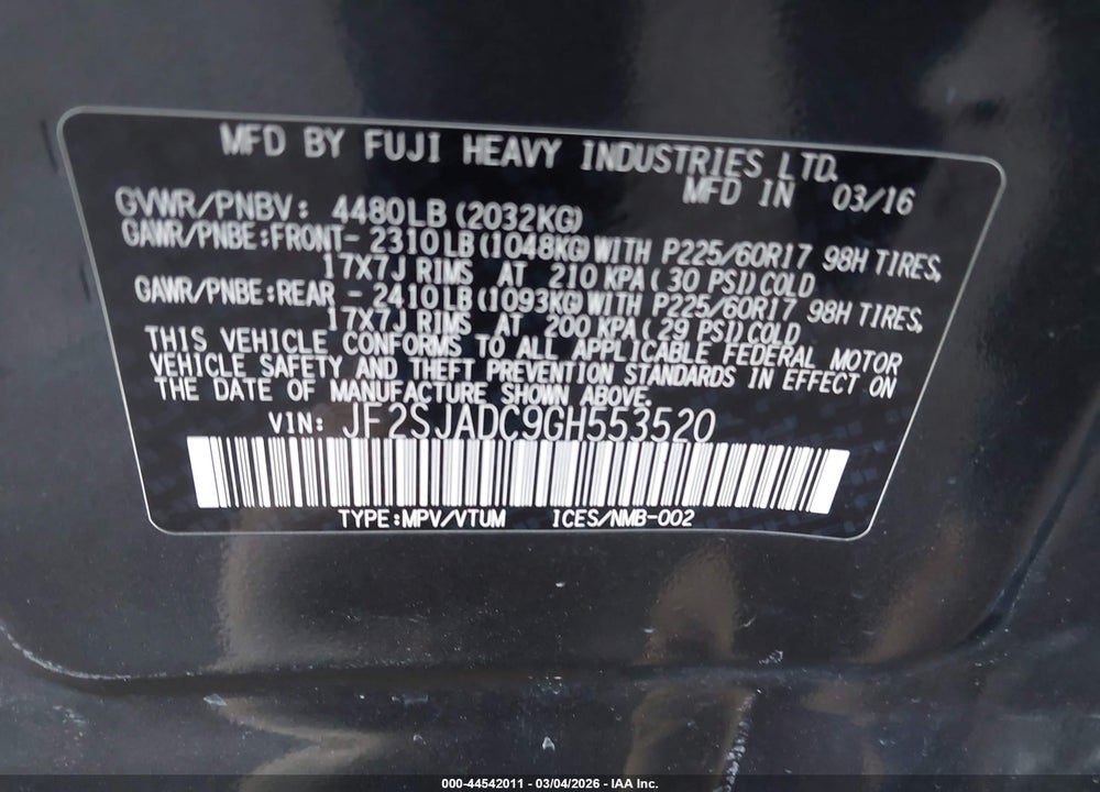 2016 SUBARU FORESTER 2.5I PREMIUM VIN: JF2SJADC9GH553520