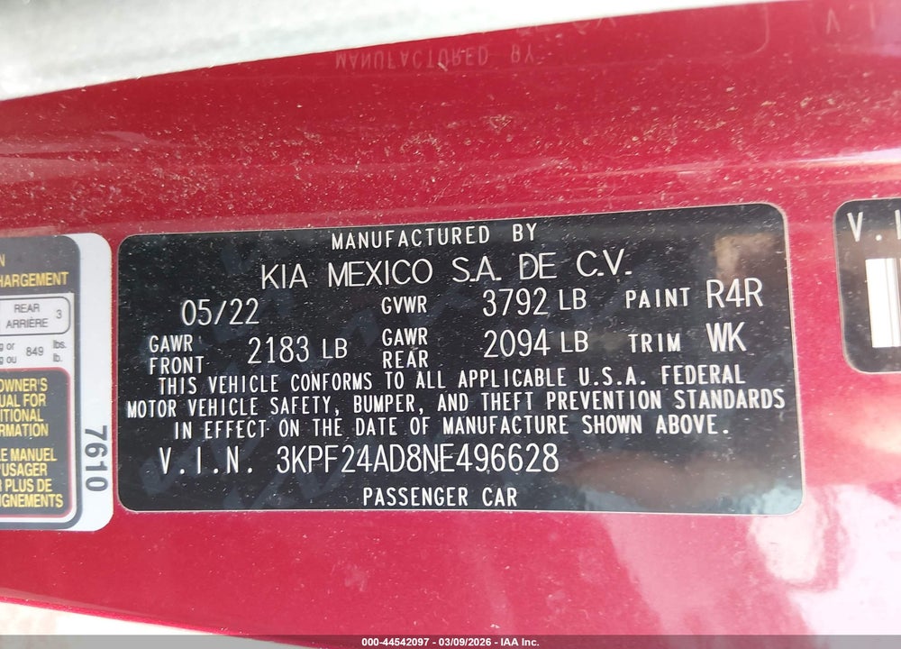 2022 KIA FORTE LXS VIN: 3KPF24AD8NE496628