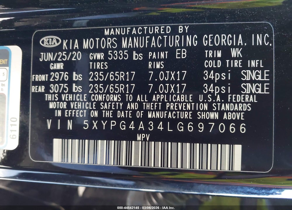 2020 KIA SORENTO 2.4L LX VIN: 5XYPG4A34LG697066