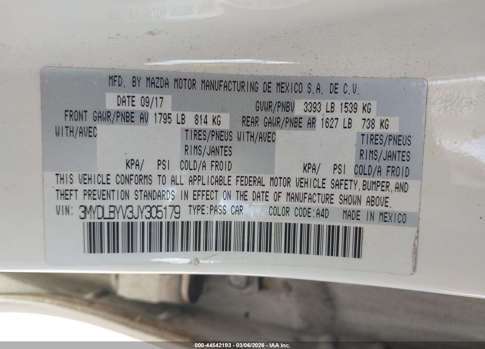 2018 TOYOTA YARIS IA VIN: 3MYDLBYV3JY305179