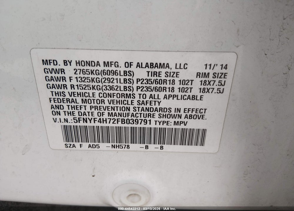 2015 HONDA PILOT EX-L VIN: 5FNYF4H72FB039791