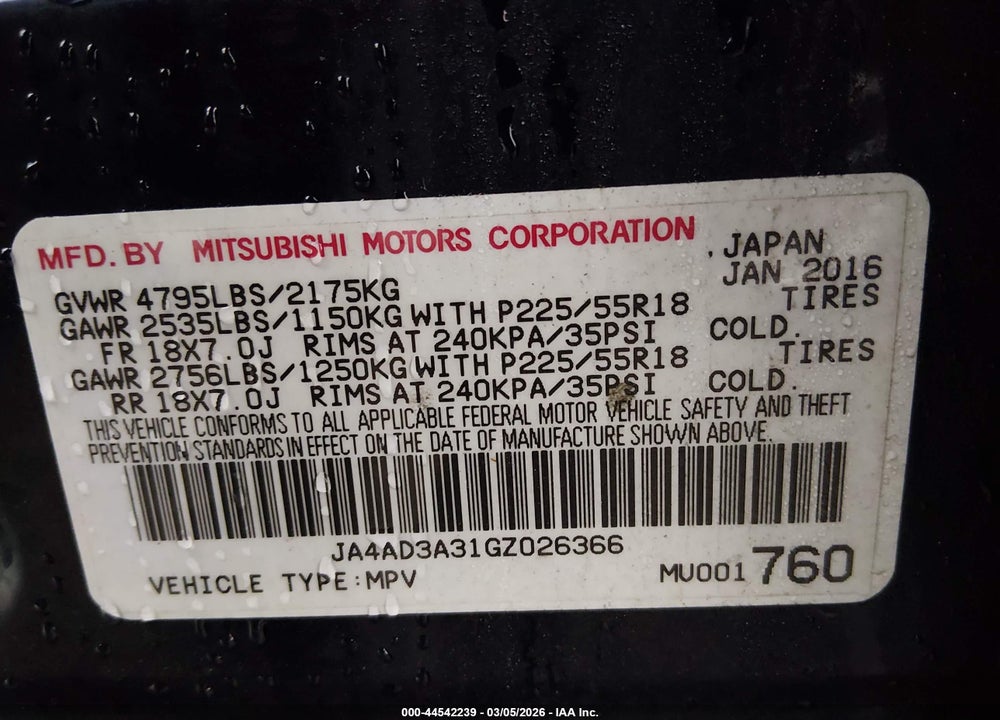 2016 MITSUBISHI OUTLANDER SE VIN: JA4AD3A31GZ026366