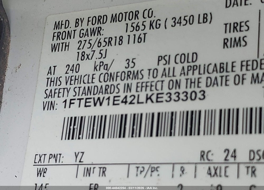 2020 FORD F150 SUPERCREW VIN: 1FTEW1E42LKE33303