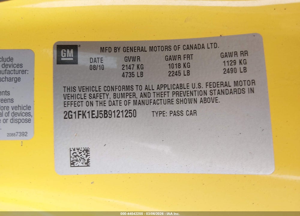 2011 CHEVROLET CAMARO 2SS VIN: 2G1FK1EJ5B9121250
