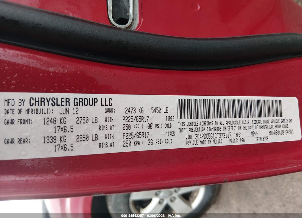 2012 DODGE JOURNEY SXT VIN: 3C4PDCBG1CT373117