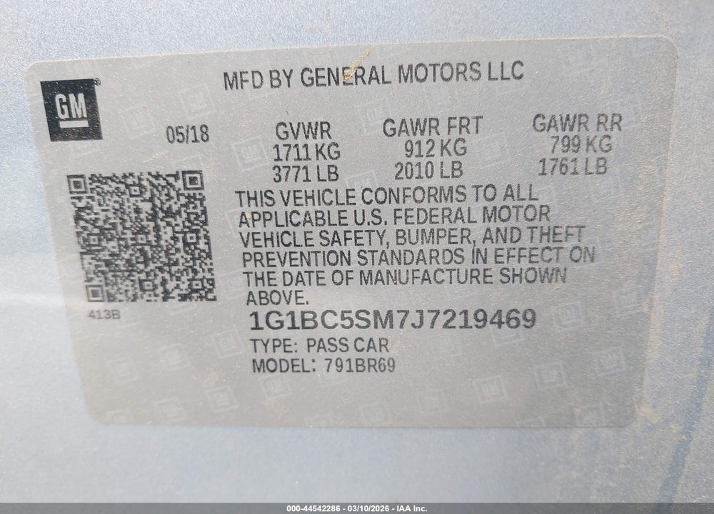 2018 CHEVROLET CRUZE LS AUTO VIN: 1G1BC5SM7J7219469