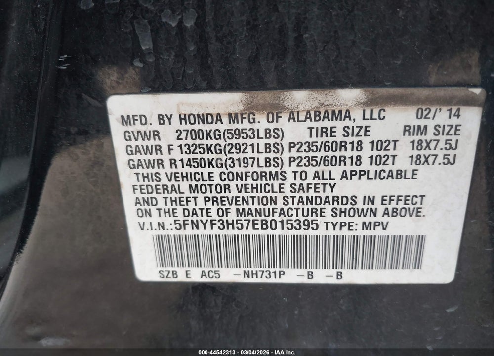 2014 HONDA PILOT EX-L VIN: 5FNYF3H57EB015395