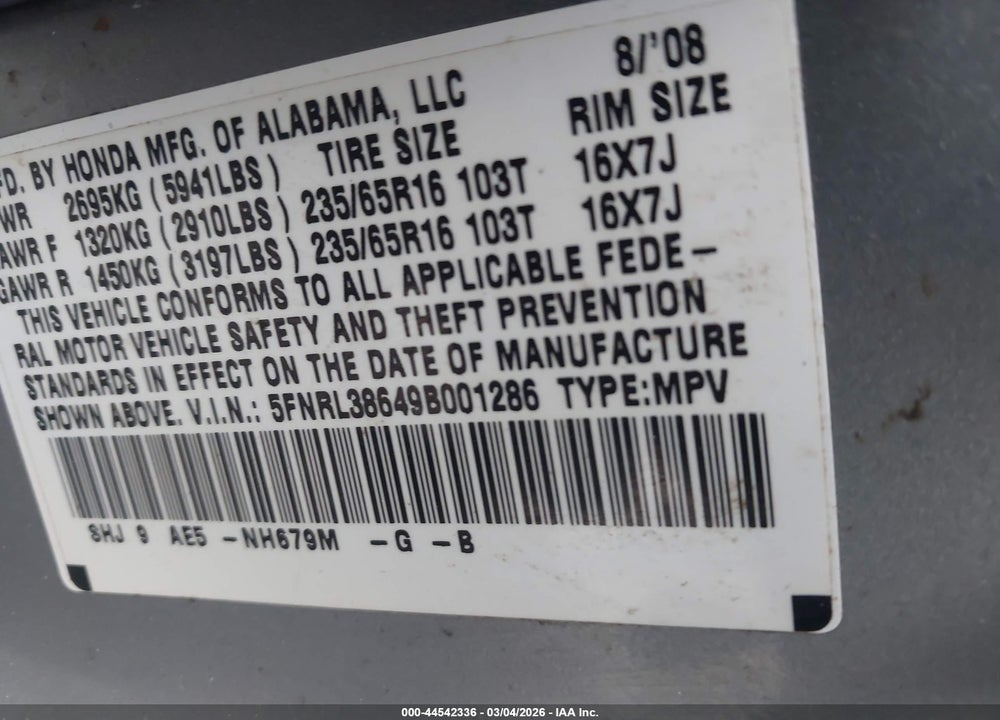 2009 HONDA ODYSSEY EX-L VIN: 5FNRL38649B001286