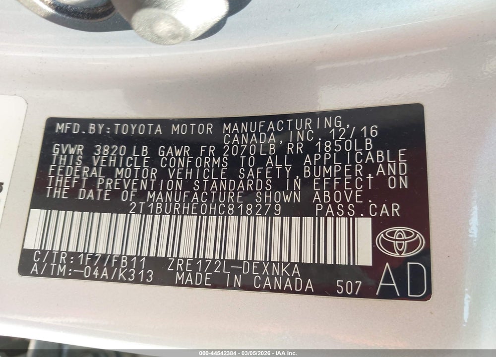 2017 TOYOTA COROLLA LE VIN: 2T1BURHE0HC818279