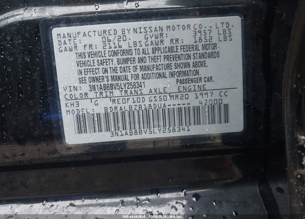 2020 NISSAN SENTRA S XTRONIC CVT VIN: 3N1AB8BV5LY258341