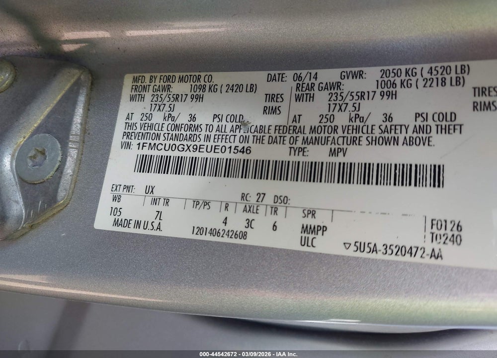 2014 FORD ESCAPE SE VIN: 1FMCU0GX9EUE01546