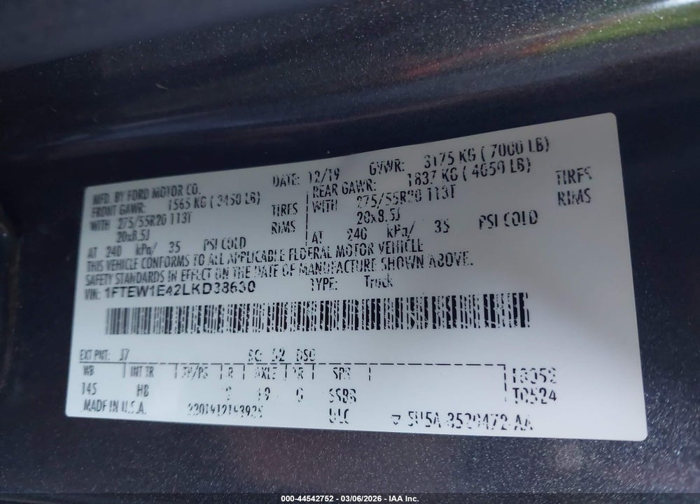 2020 FORD F-150 LARIAT VIN: 1FTEW1E42LKD38630