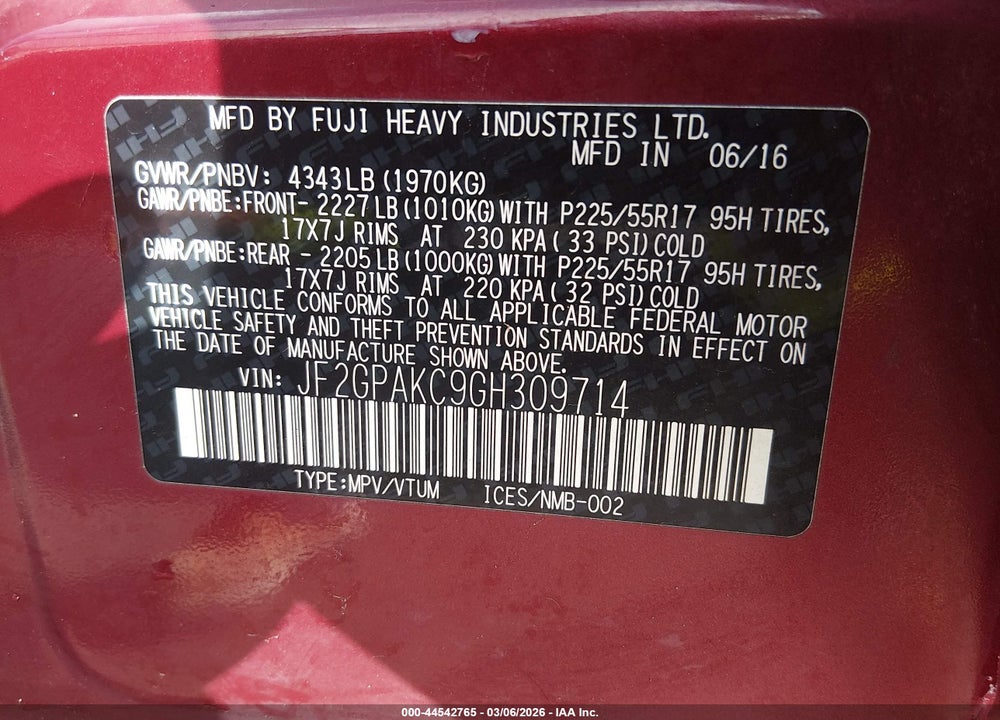 2016 SUBARU CROSSTREK 2.0I LIMITED VIN: JF2GPAKC9GH309714