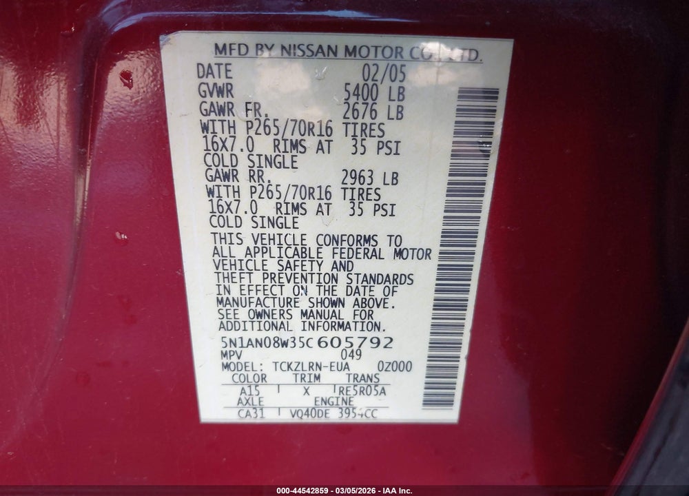 2005 NISSAN XTERRA S VIN: 5N1AN08W35C605792