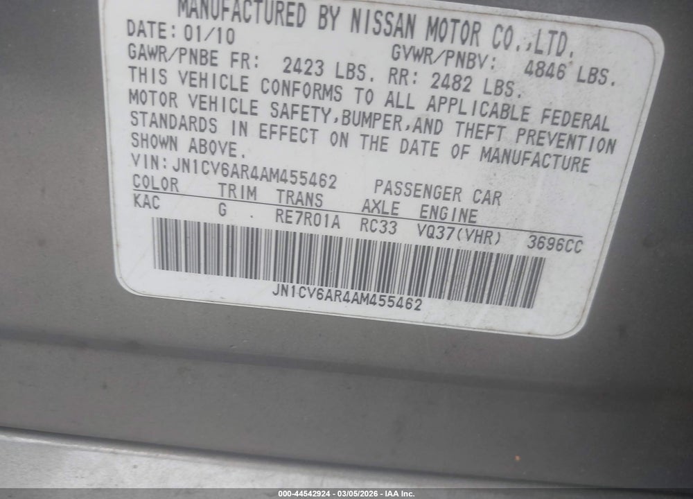 2010 INFINITI G37X VIN: JN1CV6AR4AM455462
