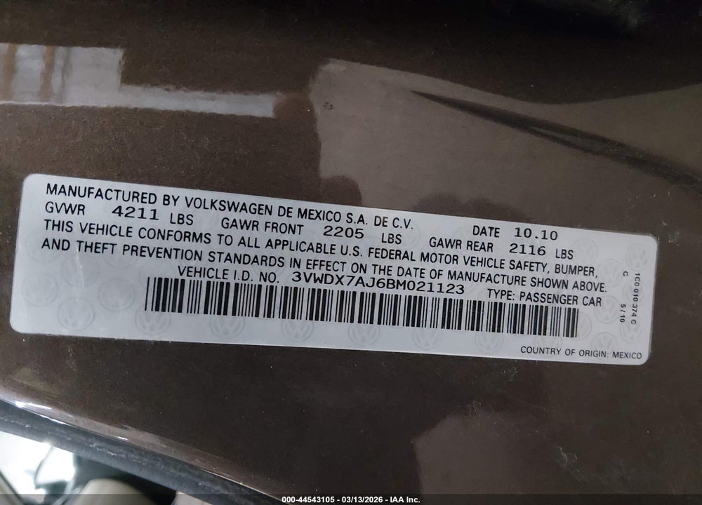 2011 VOLKSWAGEN JETTA 2.5L SE VIN: 3VWDX7AJ6BM021123