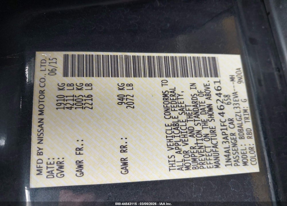 2015 NISSAN ALTIMA 2.5 S VIN: 1N4AL3AP1FC462461