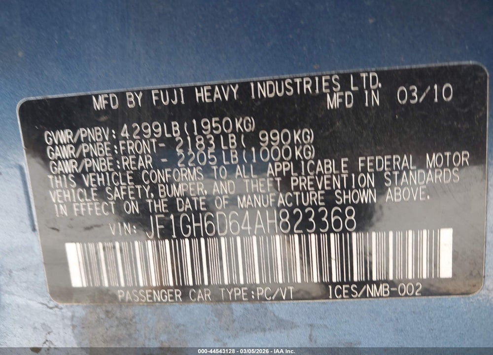 2010 SUBARU IMPREZA OUTBACK SPORT VIN: JF1GH6D64AH823368
