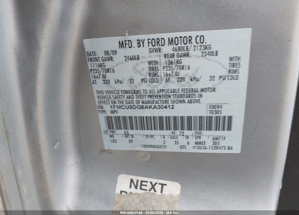 2010 FORD ESCAPE XLT VIN: 1FMCU9DG8AKA30412