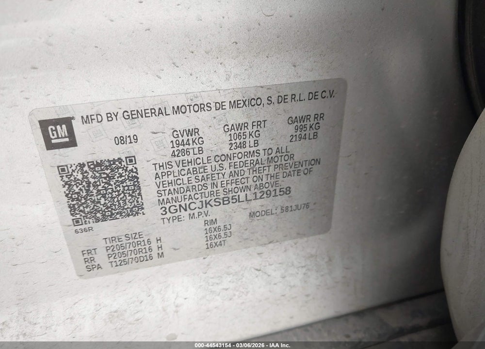 2020 CHEVROLET TRAX FWD LS VIN: 3GNCJKSB5LL129158