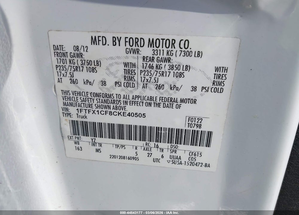 2012 FORD F-150 XLT VIN: 1FTFX1CF8CKE40505