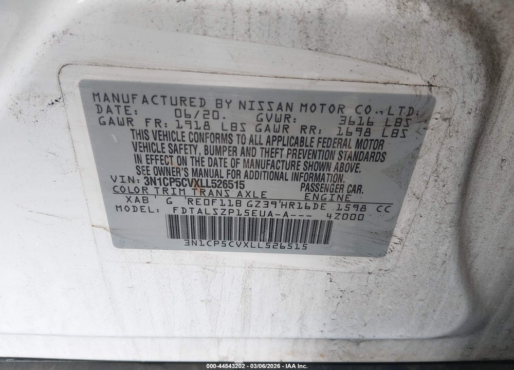 2020 NISSAN KICKS SV XTRONIC CVT VIN: 3N1CP5CVXLL526515