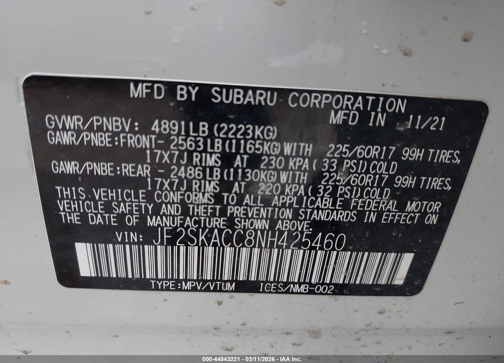 2022 SUBARU FORESTER VIN: JF2SKACC8NH425460