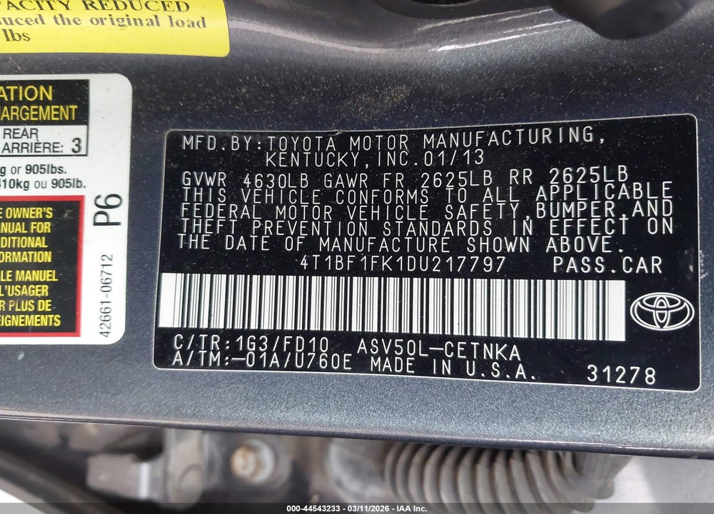 2013 TOYOTA CAMRY LE VIN: 4T1BF1FK1DU217797