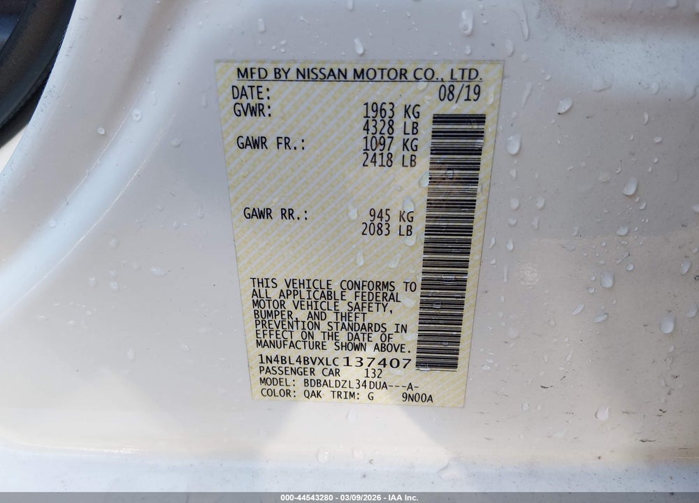 2020 NISSAN ALTIMA S FWD VIN: 1N4BL4BVXLC137407