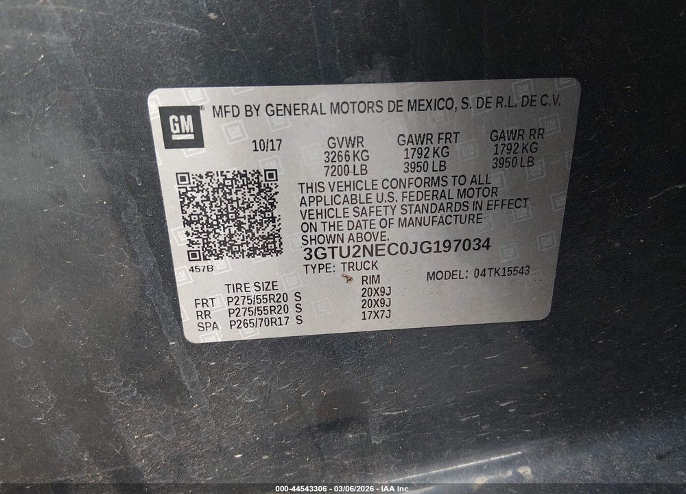 2018 GMC SIERRA 1500 SLT VIN: 3GTU2NEC0JG197034